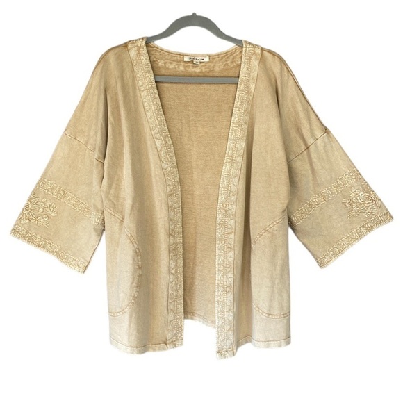 Solitaire Boho Open Front Beige Embroidered Kimono Cardigan Sz S - Picture 2 of 11